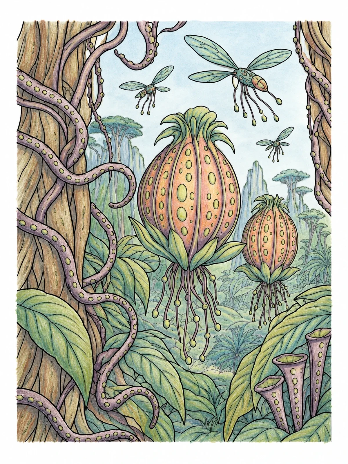 Colored example of the Alien Jungle With Spore Pods coloring page