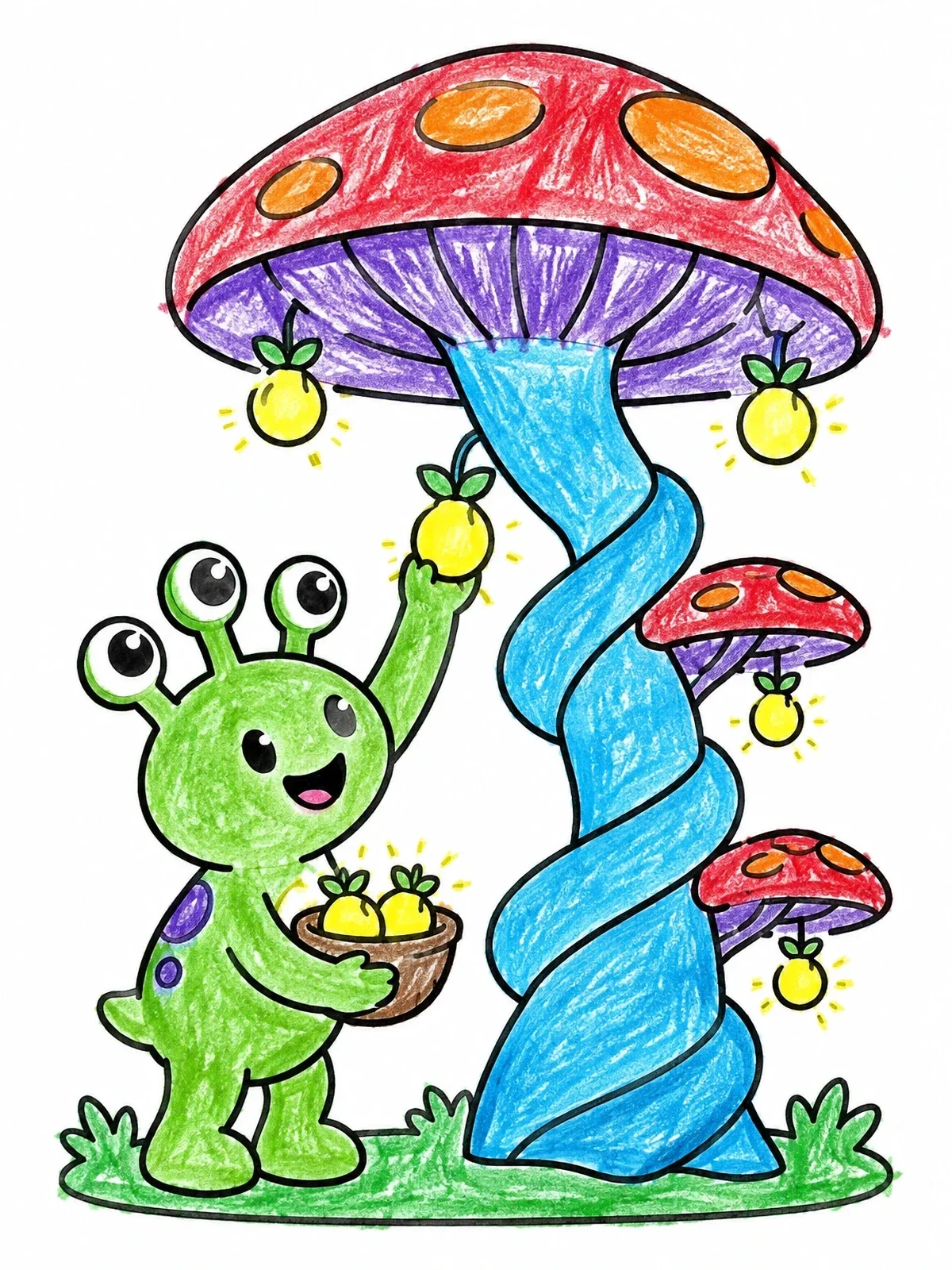 Colored example of the Friendly Alien Harvesting Glowing Fruit coloring page