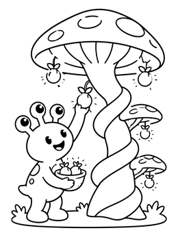 Free printable Friendly Alien Harvesting Glowing Fruit coloring page
