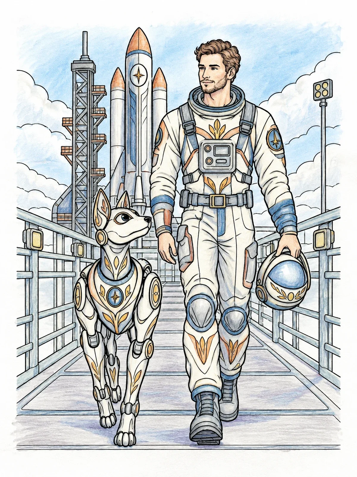 Colored example of the Astronaut And Robotic Dog On Launchpad coloring page