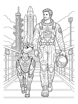 Free printable Astronaut And Robotic Dog On Launchpad coloring page