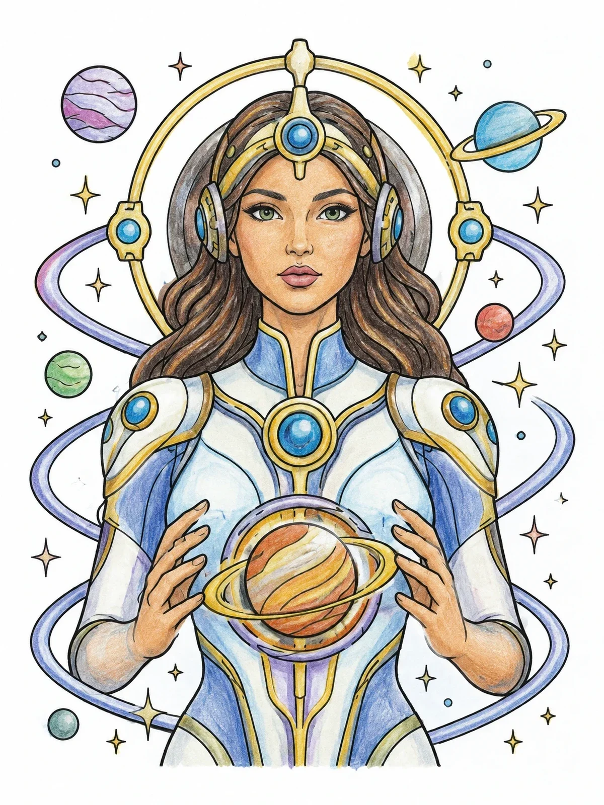 Colored example of the Cosmic Space Woman With Planets coloring page