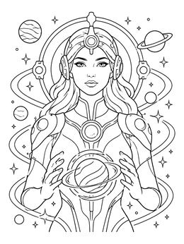 Free printable Cosmic Space Woman With Planets coloring page