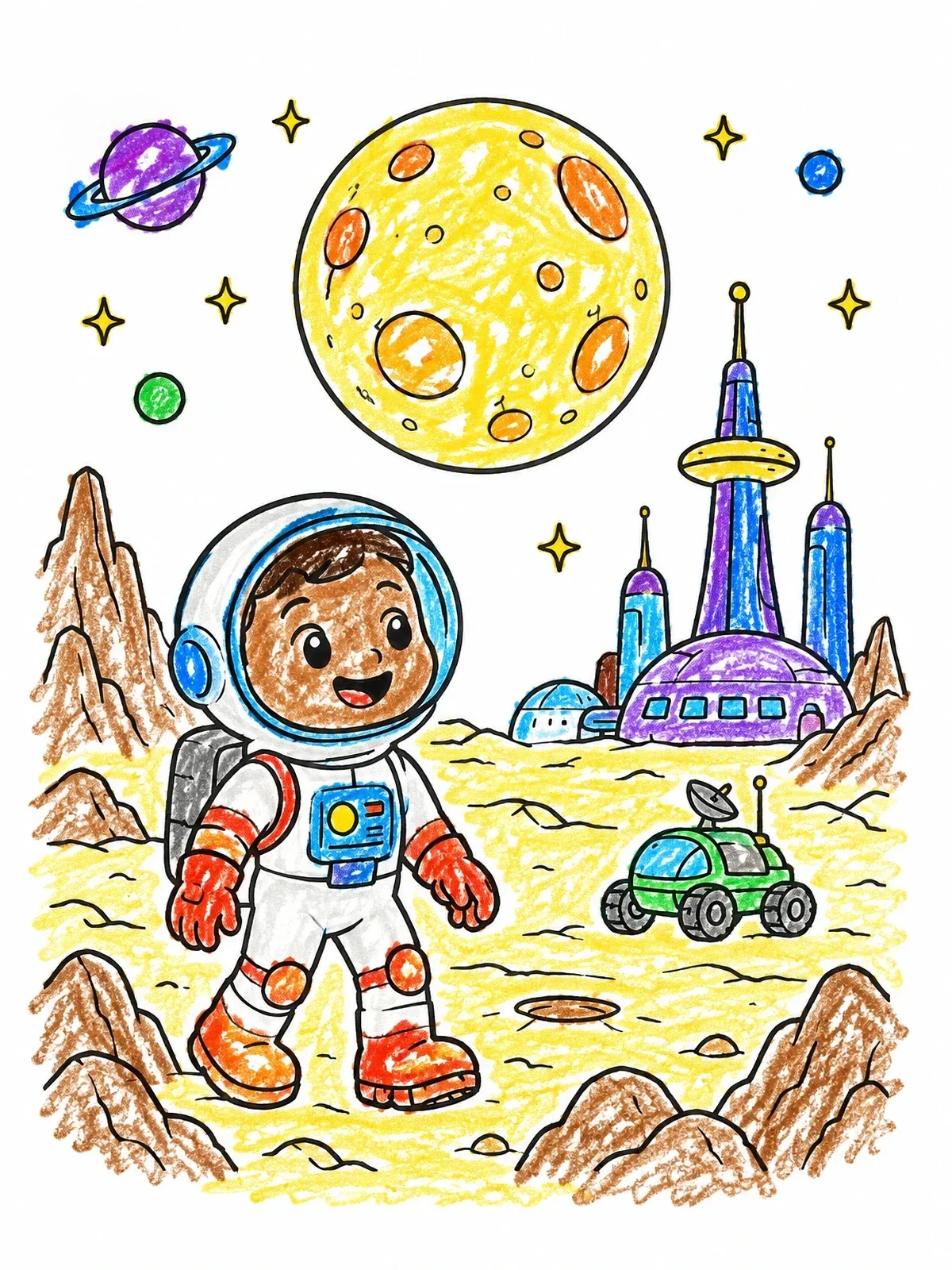 Colored example of the Cute Astronaut Exploring Moon Base coloring page