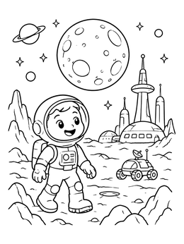Free printable Cute Astronaut Exploring Moon Base coloring page