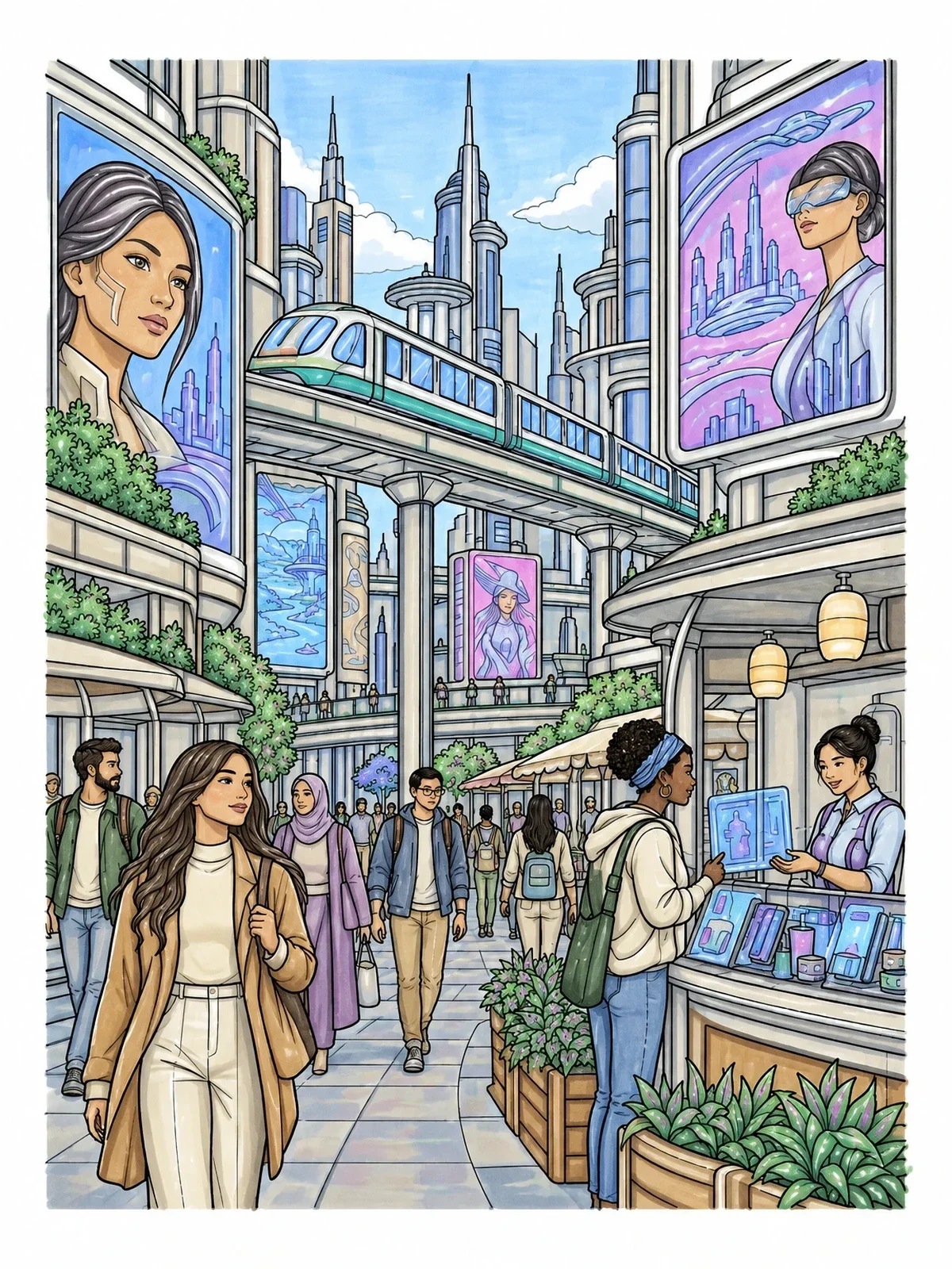 Colored example of the Futuristic City Street And Monorail coloring page