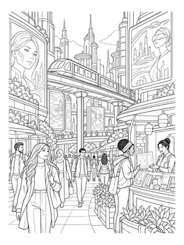 Free printable Futuristic City Street And Monorail coloring page