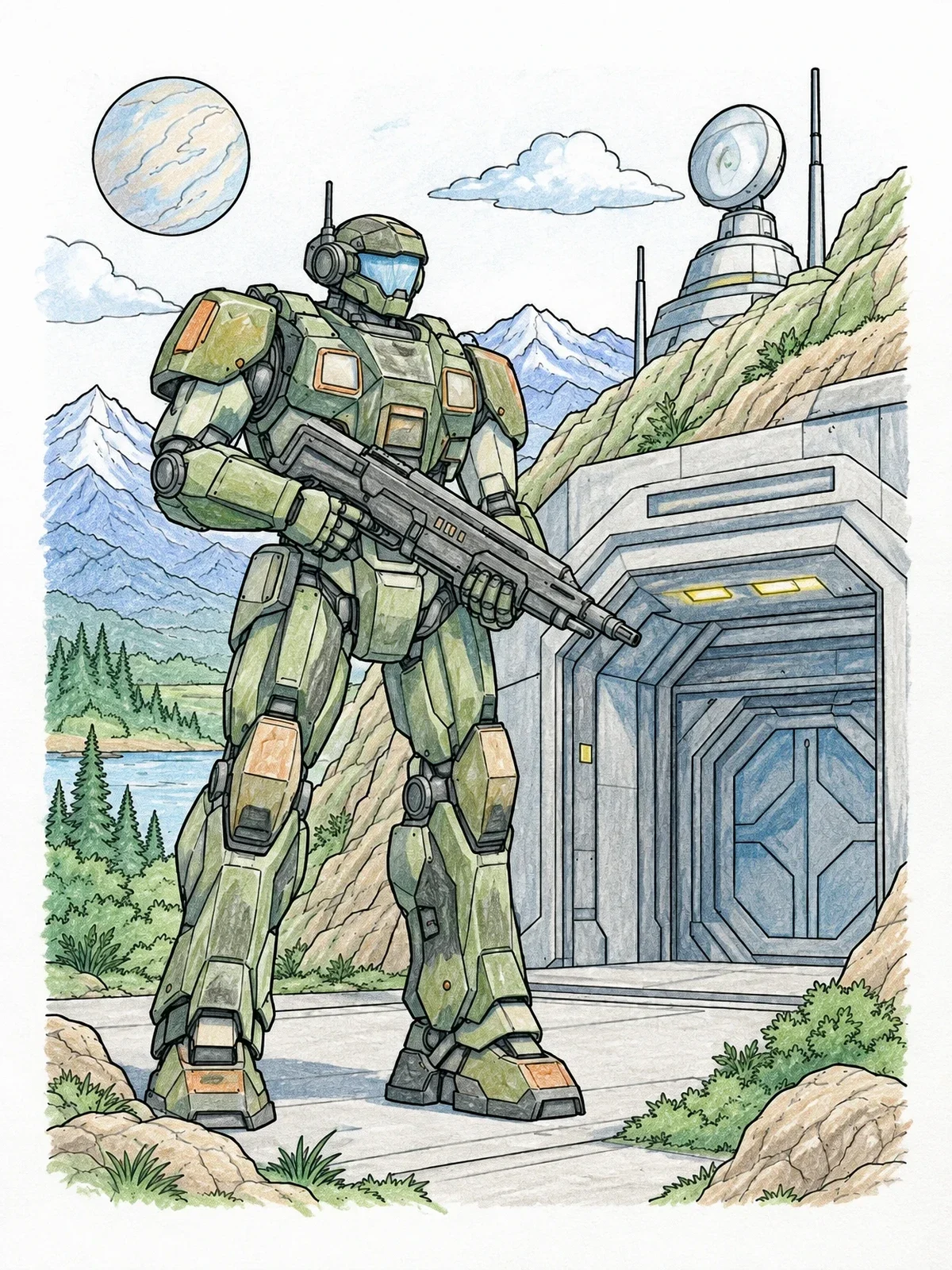 Colored example of the Futuristic Mech Guarding Outpost coloring page