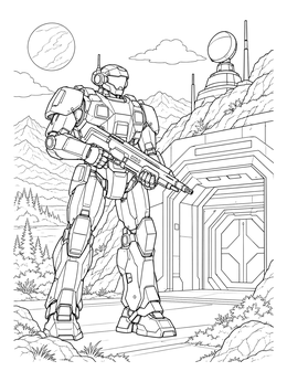 Free printable Futuristic Mech Guarding Outpost coloring page