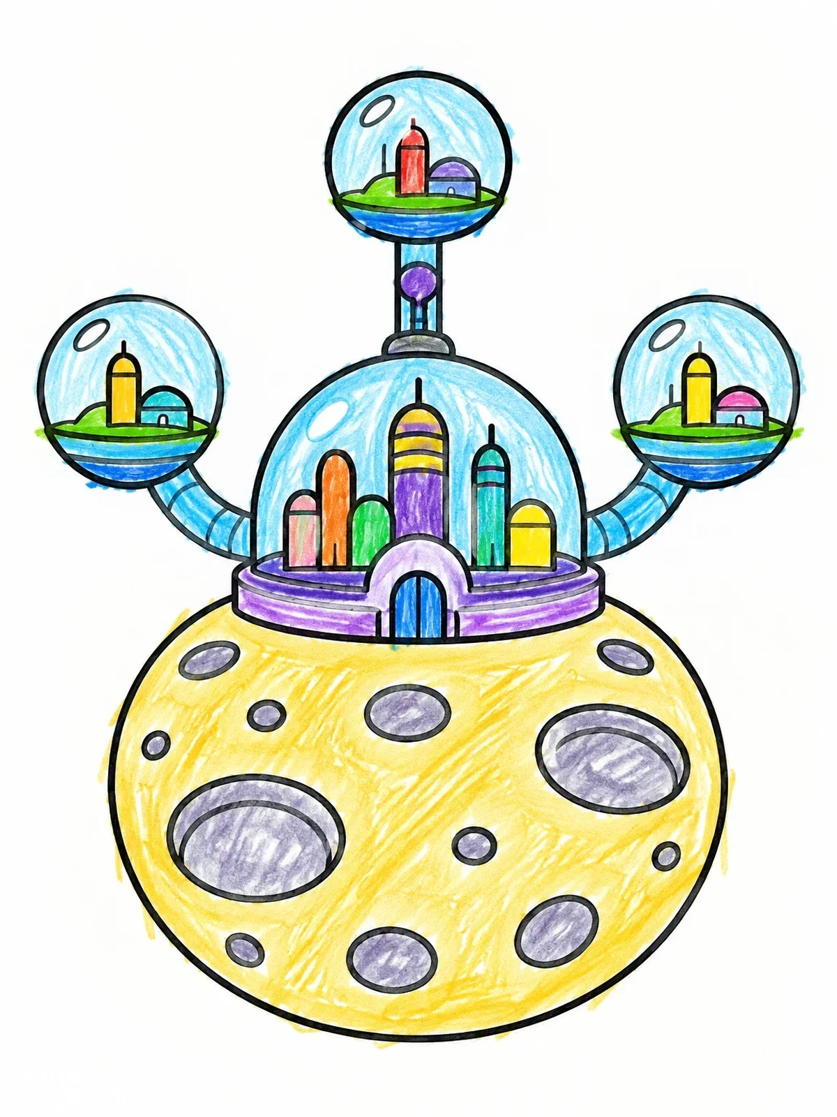 Colored example of the Futuristic Moon Base Metropolis coloring page