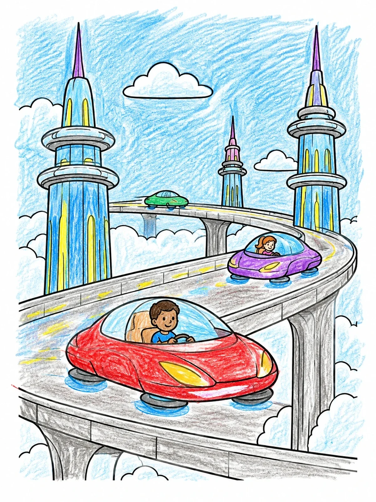 Colored example of the Hover Cars On Sky Highway coloring page