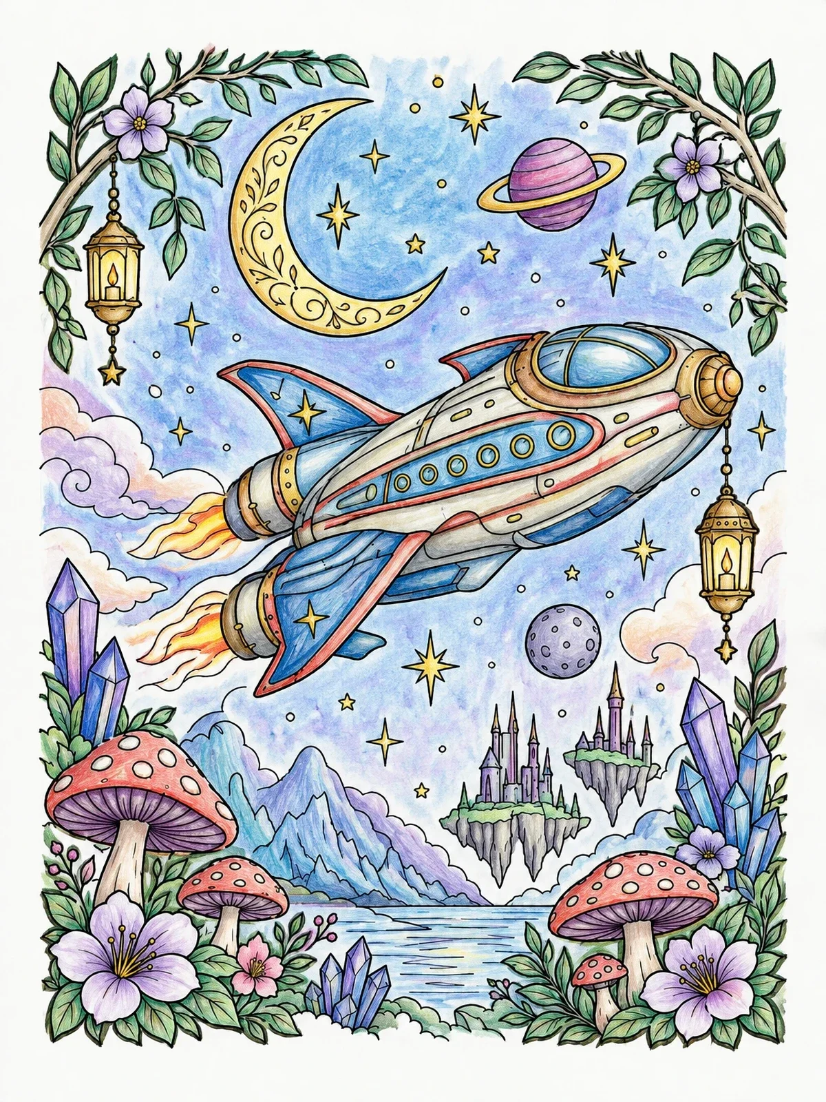 Colored example of the Spaceship Over Fantasy Cosmic Landscape coloring page