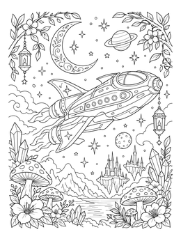 Free printable Spaceship Over Fantasy Cosmic Landscape coloring page