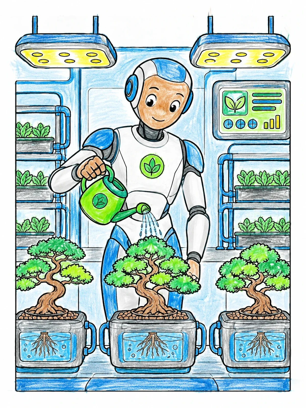 Colored example of the Robot Gardening Bonsai Trees In Hydroponic Lab coloring page