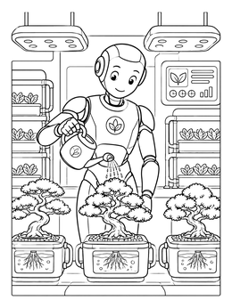 Free printable Robot Gardening Bonsai Trees In Hydroponic Lab coloring page