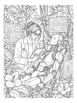 Free printable Scientist Assembling Android In Greenhouse coloring page