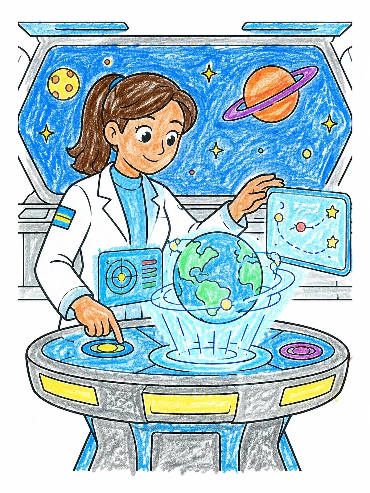 Colored example of the Scientist At Holographic Console coloring page