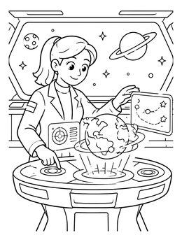 Free printable Scientist At Holographic Console coloring page