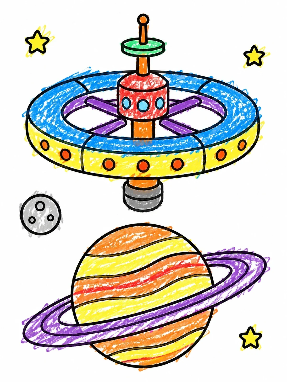 Colored example of the Space Station Orbiting Ringed Planet coloring page