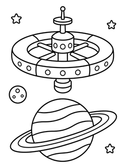 Free printable Space Station Orbiting Ringed Planet coloring page