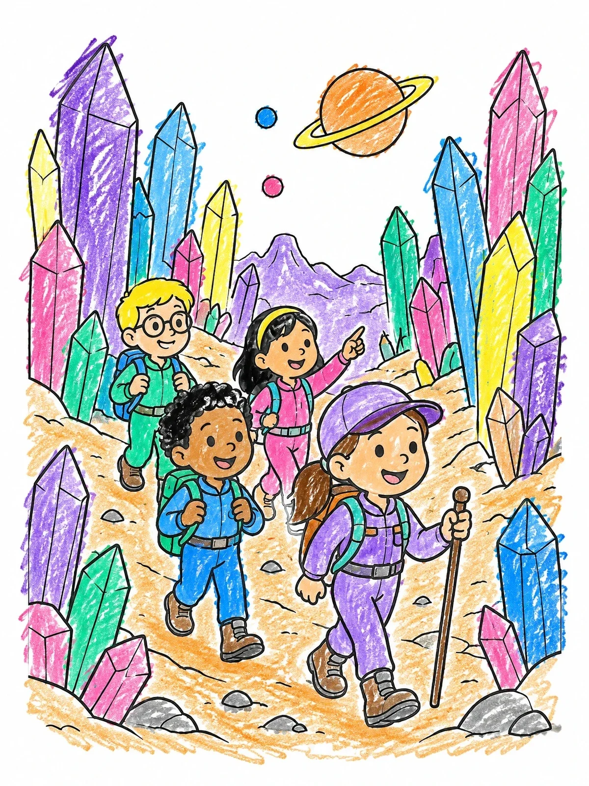 Colored example of the Young Explorers On Crystal Planet coloring page