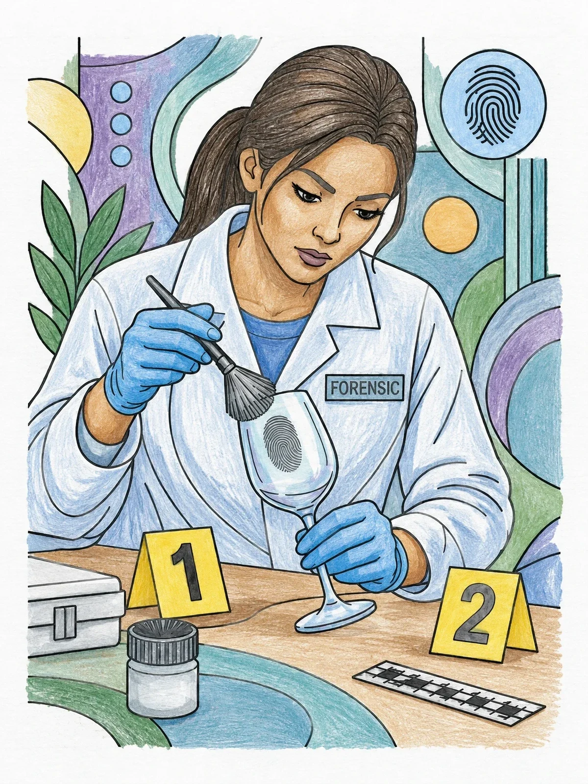 Colored example of the Forensic Scientist Dusting Evidence Glassware coloring page