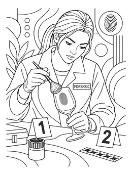 A forensic investigator dusts a wine glass for prints in this detailed science coloring page.