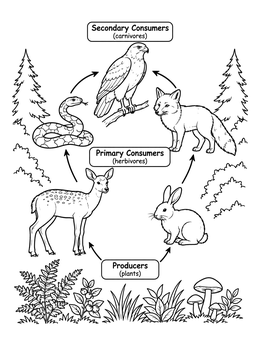 Forest ecosystem food web diagram with plants and animals on a science coloring page.
