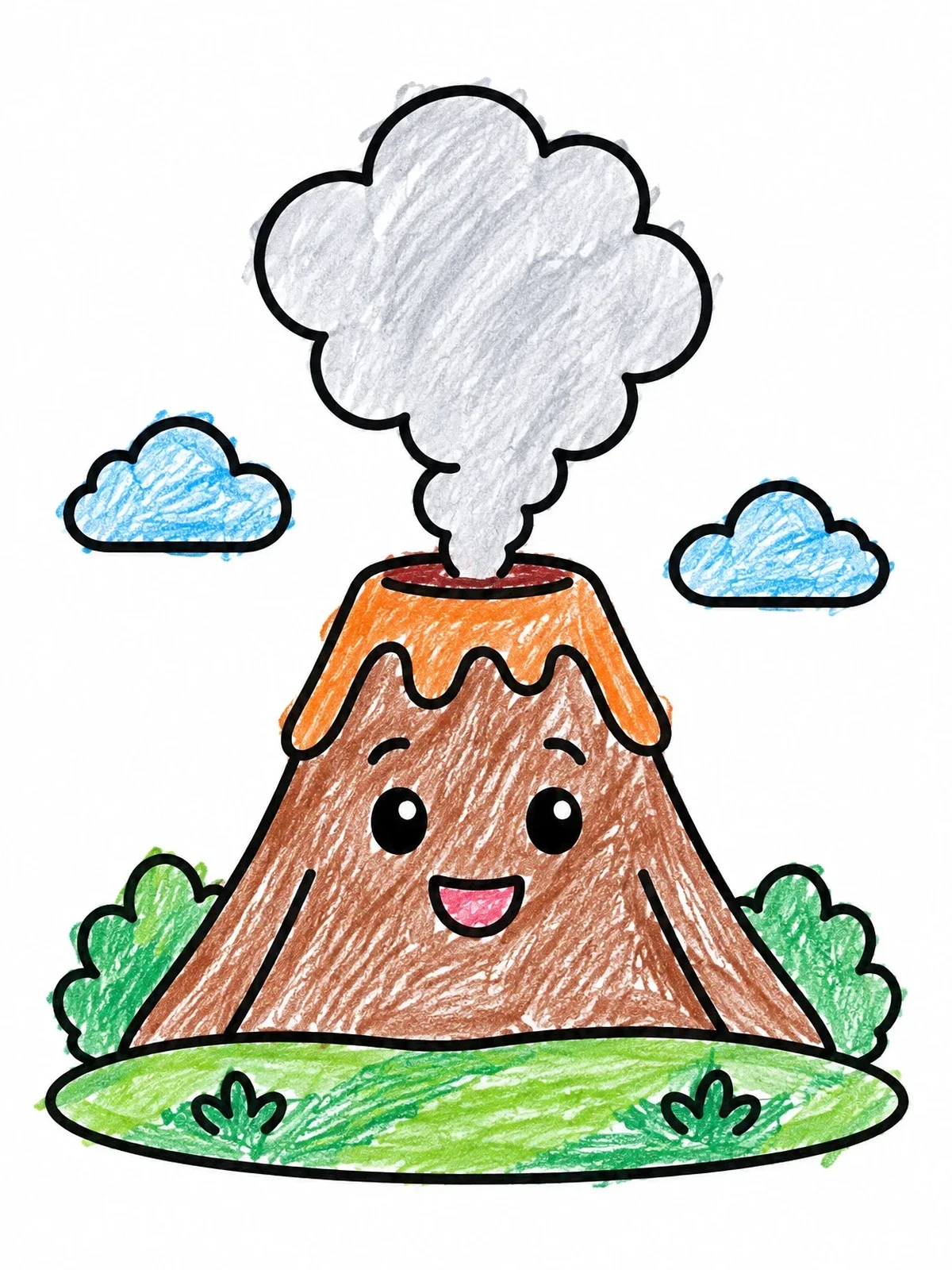 Colored example of the Happy Cartoon Volcano Puffing Smoke coloring page