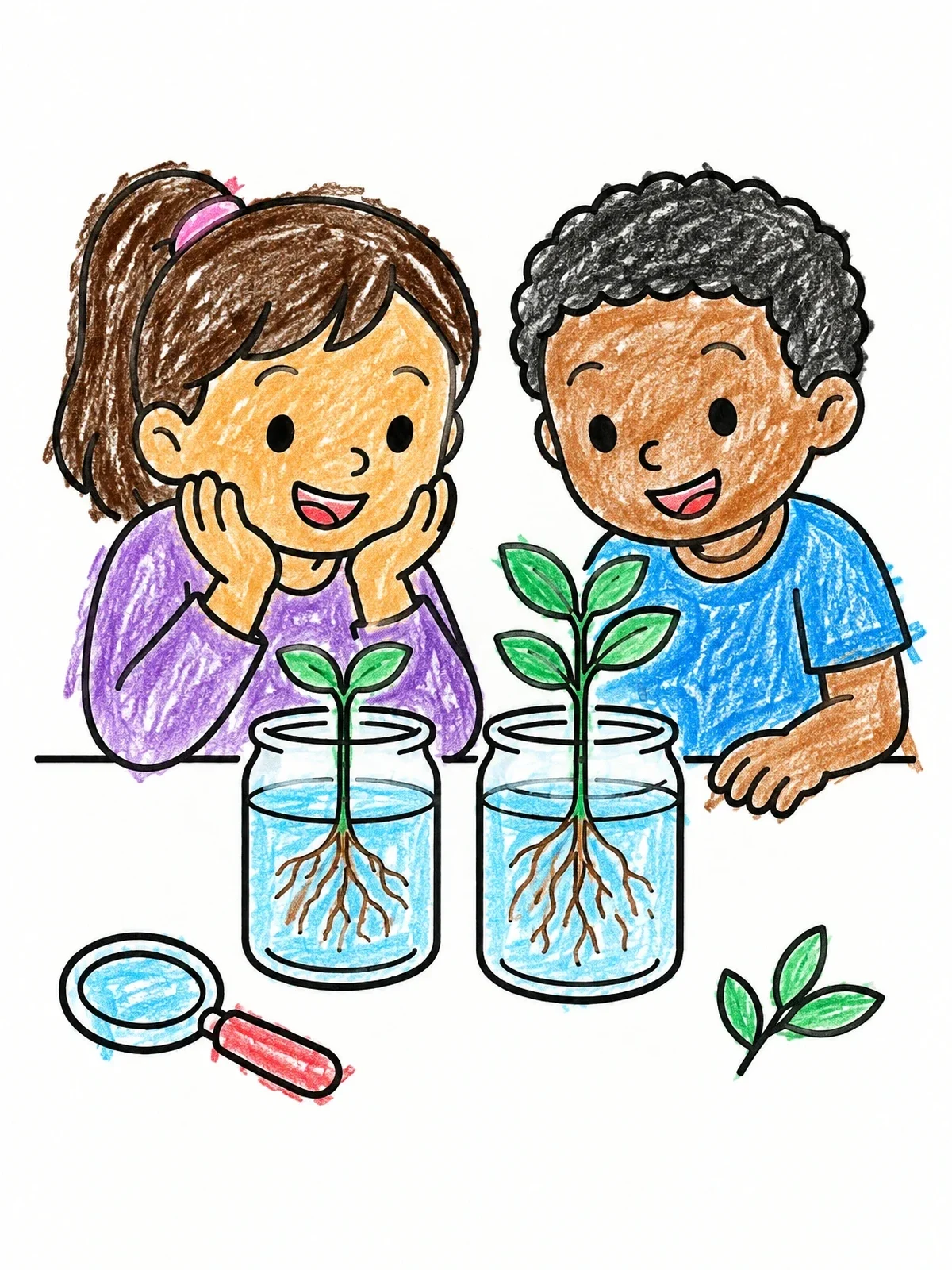 Colored example of the Kids Observing Plant Roots In Jars coloring page