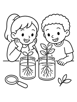 A science coloring page featuring two curious children watching plant sprouts grow in clear glass jars.