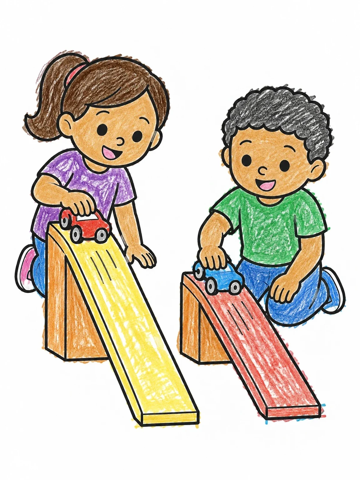 Colored example of the Kids Testing Toy Cars On Ramps coloring page