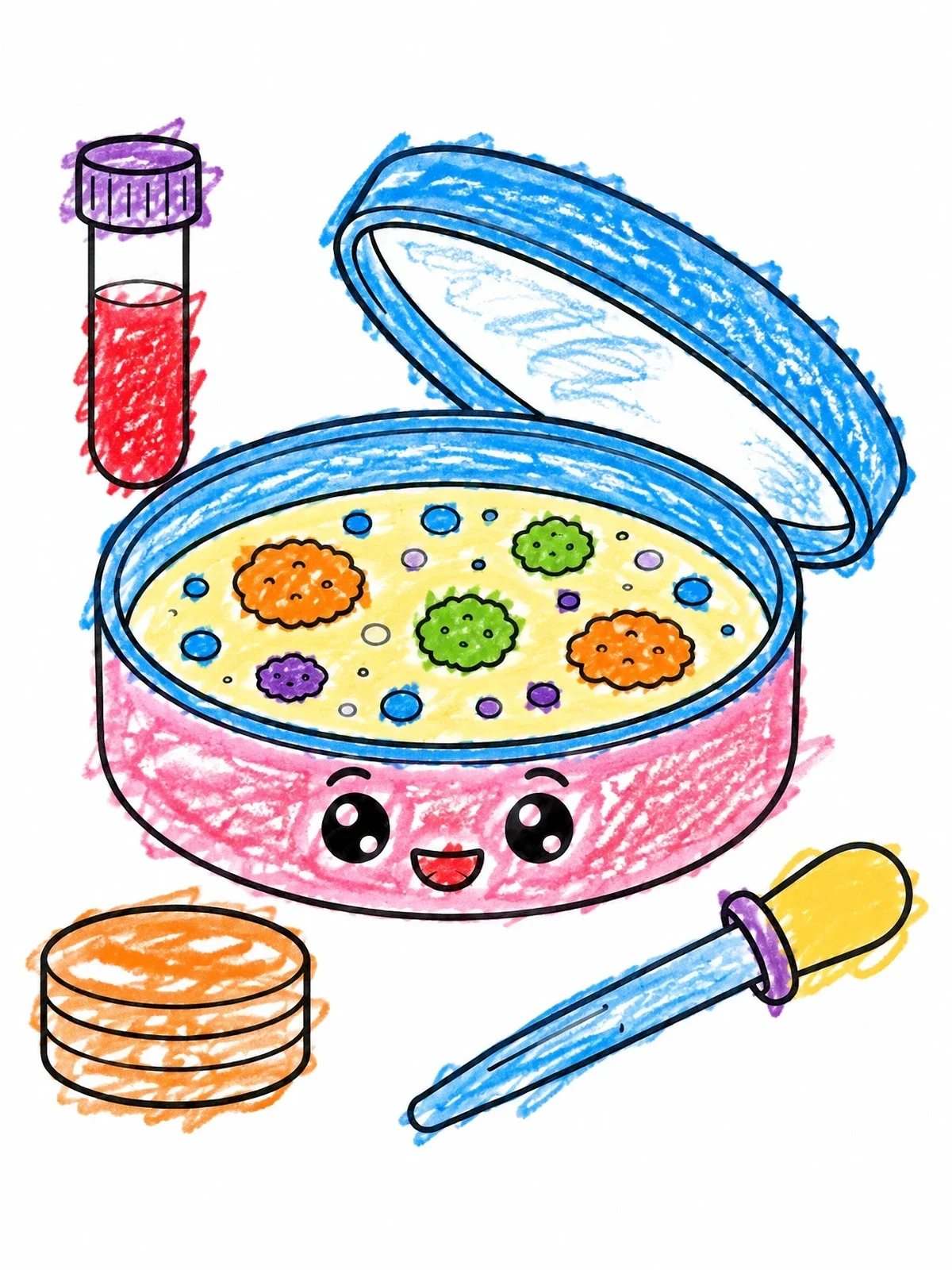 Colored example of the Cute Petri Dish And Lab Tools coloring page