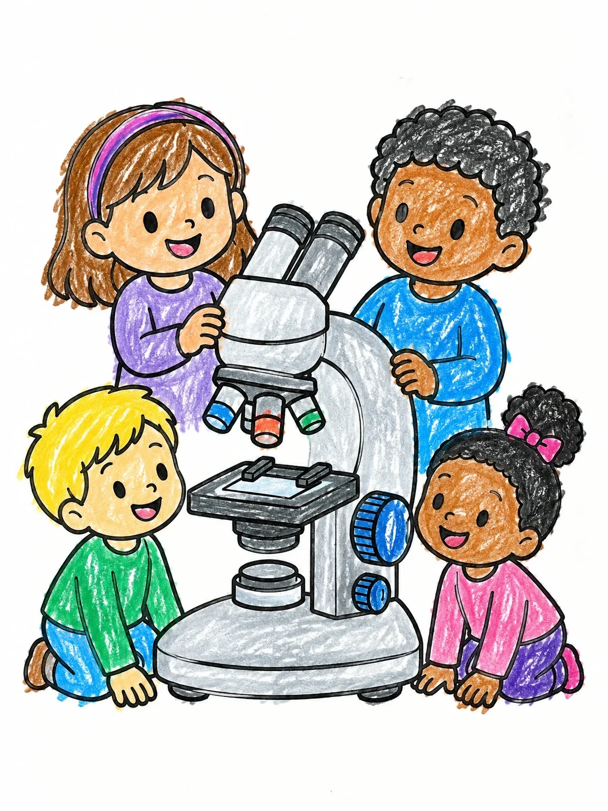 Colored example of the Children Exploring A Large Microscope coloring page