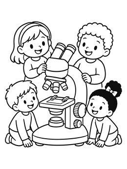 Free printable Children Exploring A Large Microscope coloring page