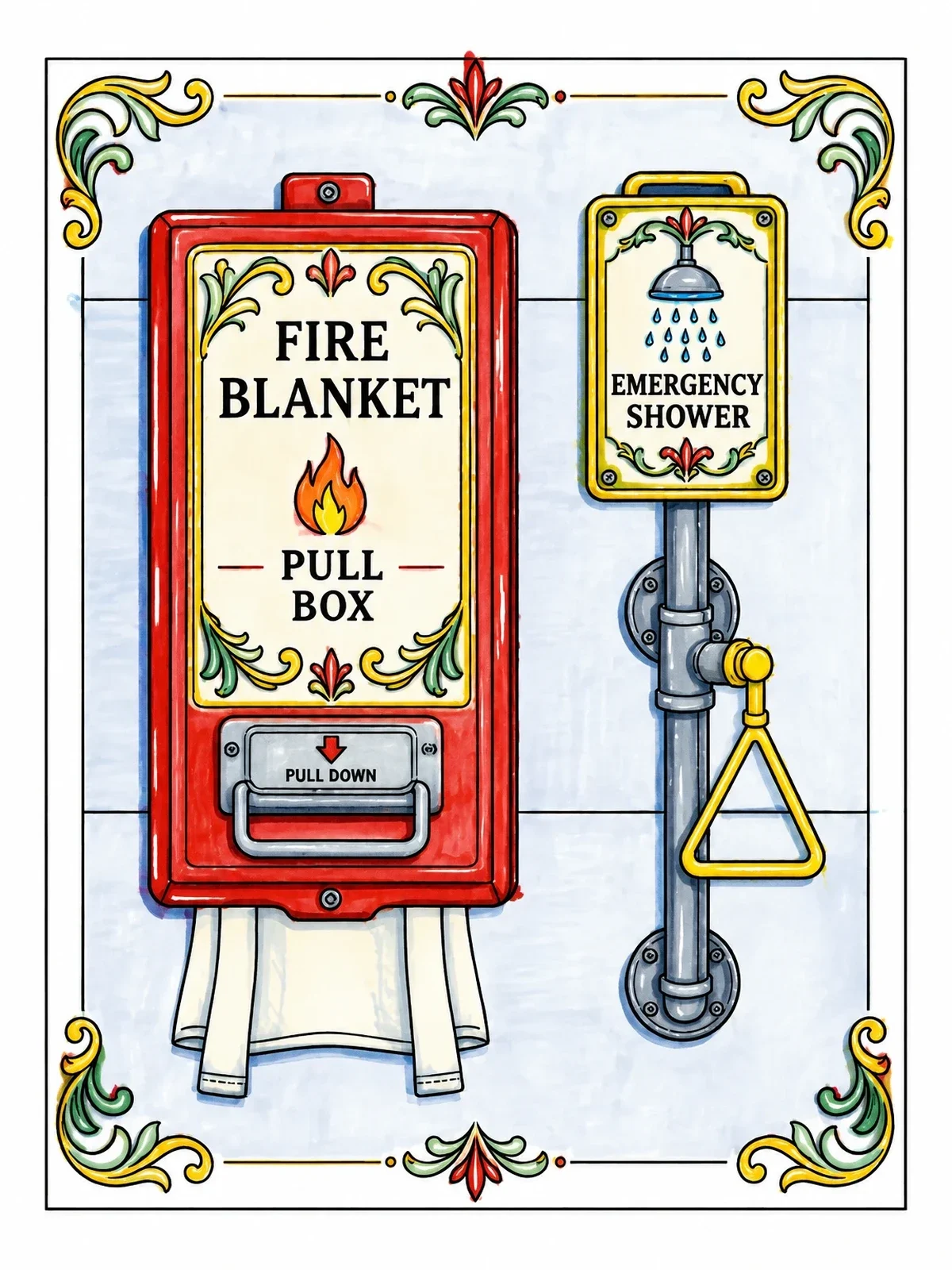 Colored example of the Laboratory Safety Station And Fire Blanket coloring page
