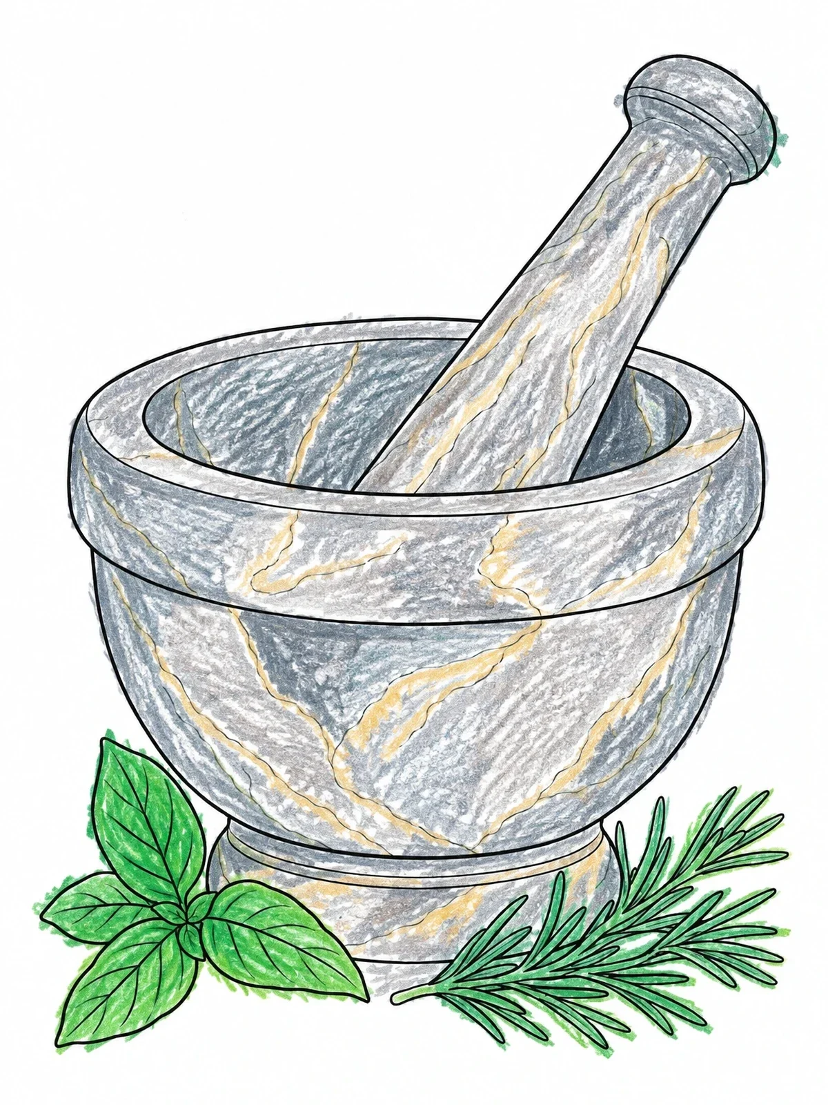 Colored example of the Stone Mortar And Pestle With Herbs coloring page