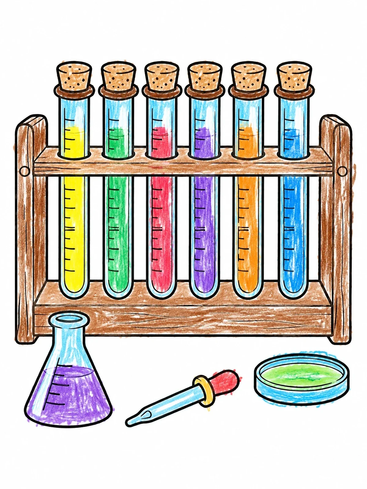 Colored example of the Test Tube Rack And Chemistry Tools coloring page