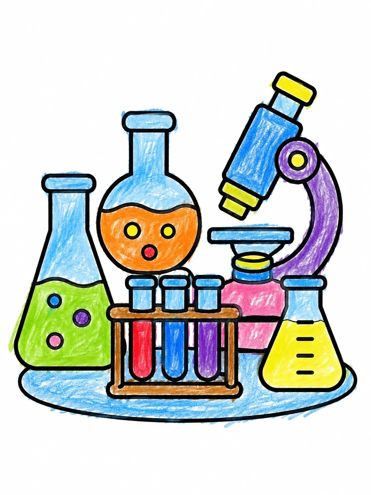 Colored example of the Science Lab Flasks And Microscope coloring page