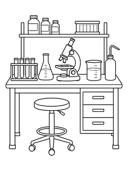 A science coloring page featuring a detailed lab desk with a microscope, glassware, and stool.