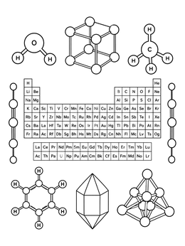 A science coloring page with the periodic table surrounded by crystal structures and molecules.