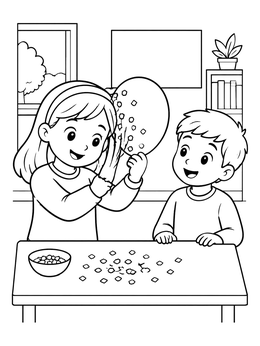 A science coloring page featuring two kids exploring static electricity with a balloon and confetti.