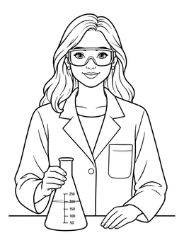 A smiling science teacher coloring page featuring safety goggles and a flask.
