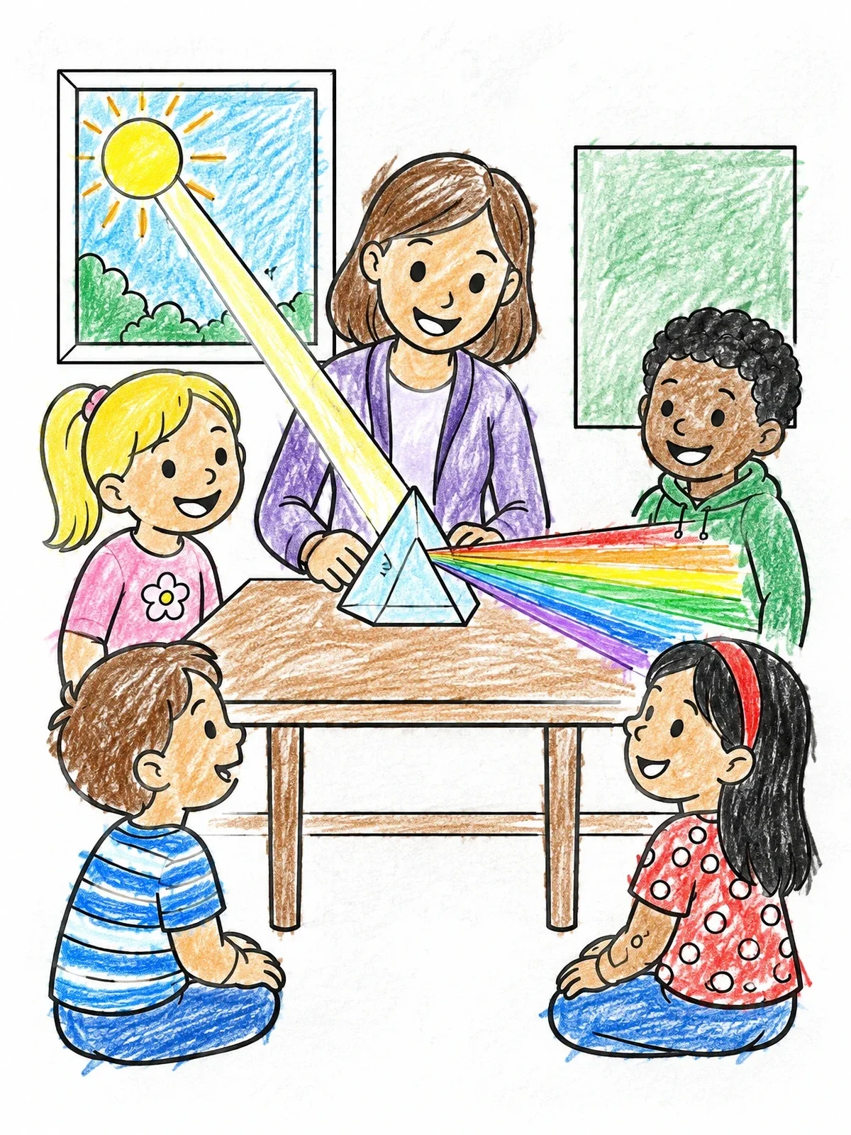Colored example of the Science Teacher Splitting Sunbeam With Prism coloring page