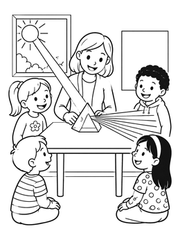 Free printable Science Teacher Splitting Sunbeam With Prism coloring page