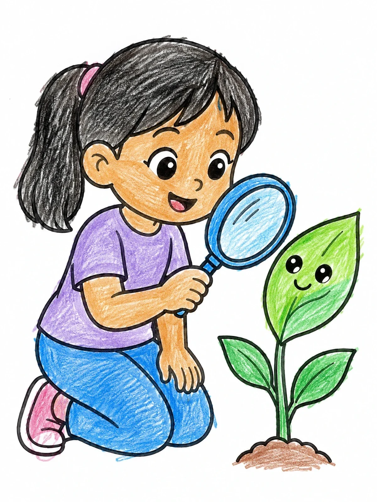 Colored example of the Young Girl Inspecting A Plant coloring page