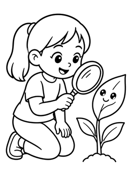 Free printable Young Girl Inspecting A Plant coloring page