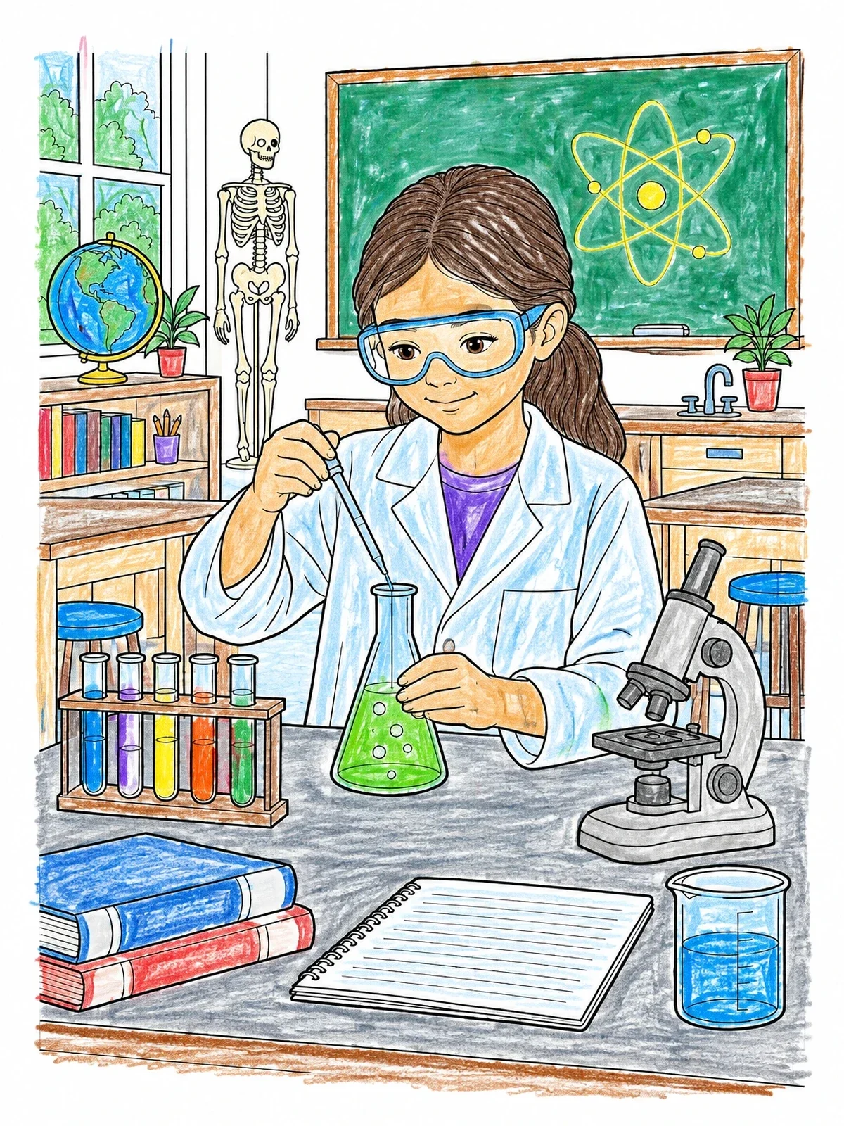 Colored example of the Young Scientist In The Laboratory coloring page