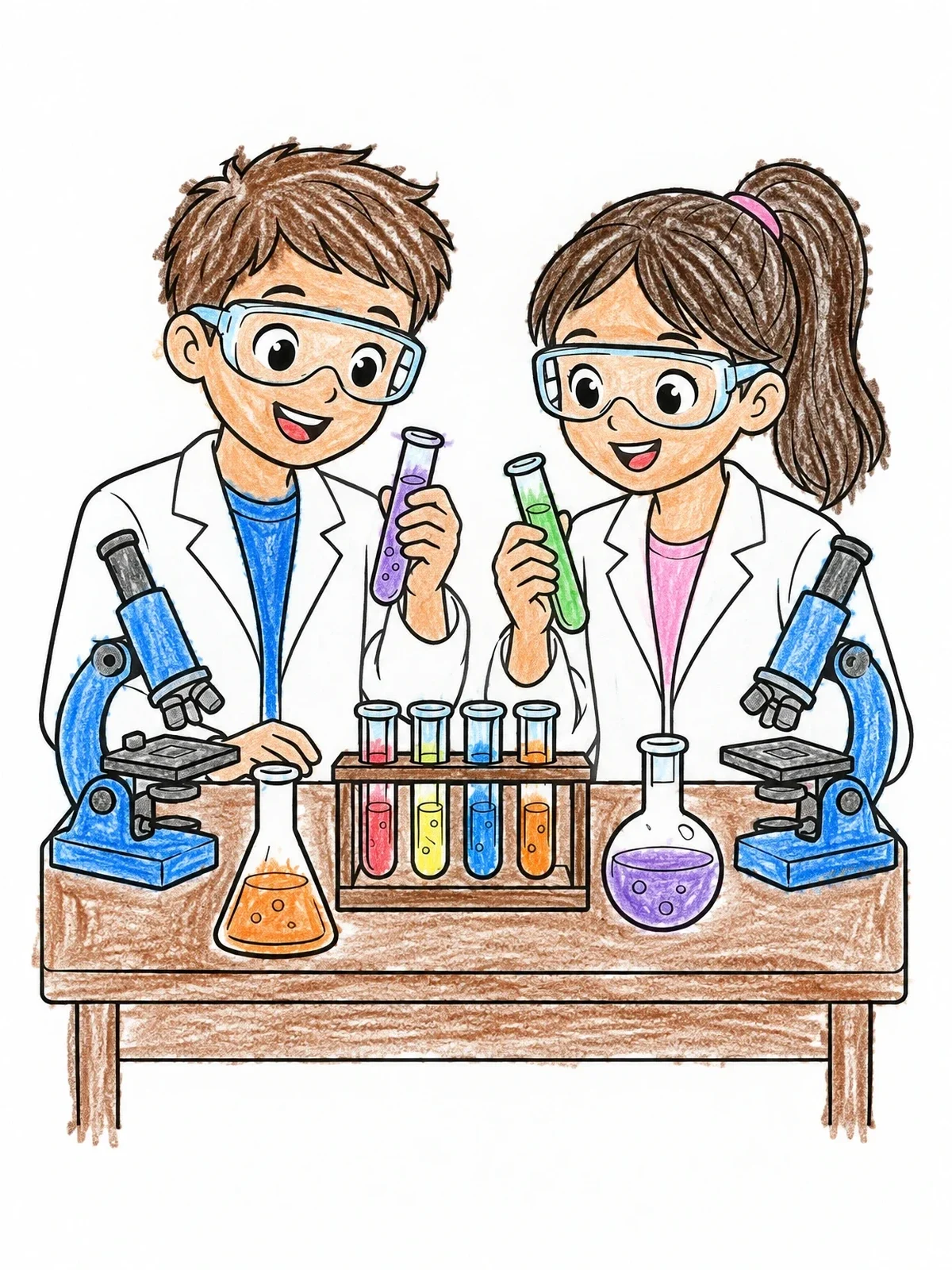 Colored example of the Young Scientists In The Chemistry Lab coloring page