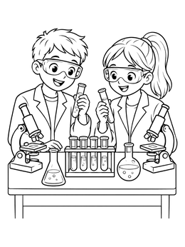 Two smiling kids wear goggles and lab coats in this science coloring page with test tubes and microscopes.